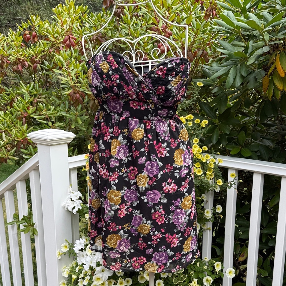 Forever 21 Strapless Floral Dress - Black, Purple, Yellow
